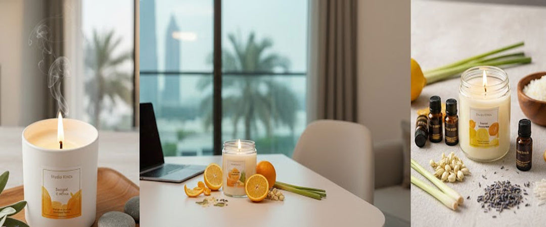Studio Kinza soy candles with citrus and lavender ingredients for home wellness and mood balancing in Dubai.