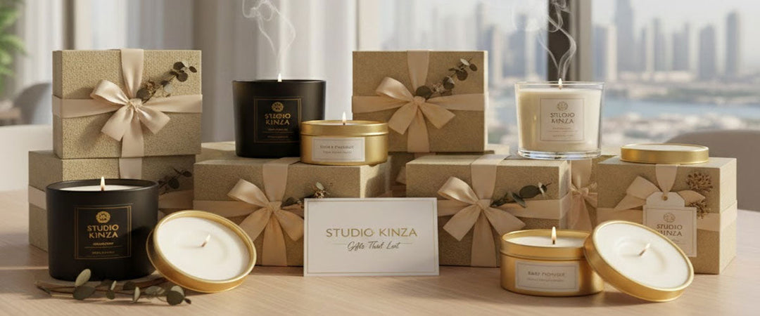 Studio Kinza luxury soy candles and gift boxes on a table overlooking the Dubai skyline.  