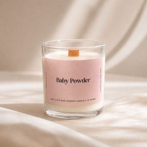 Studio Kinza Baby Powder soft musk soy candle in glass jar