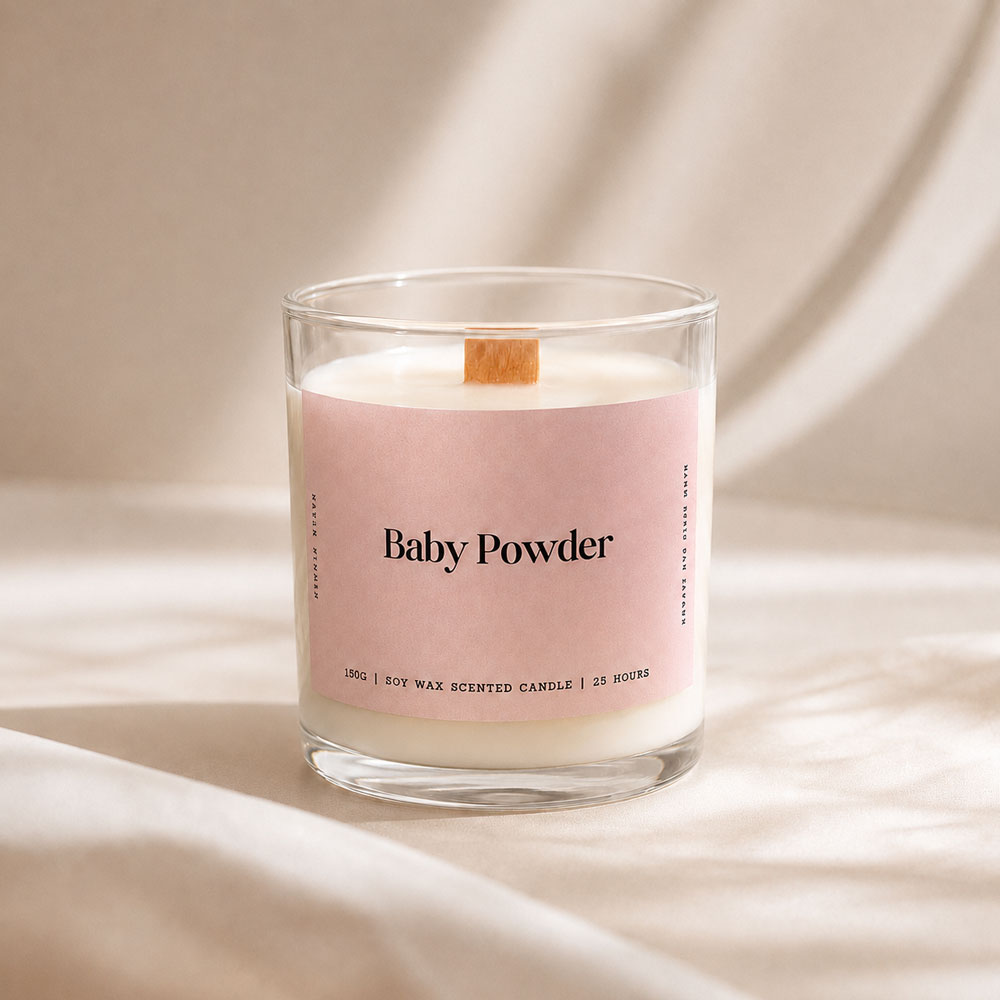 Studio Kinza Baby Powder soft musk soy candle in glass jar