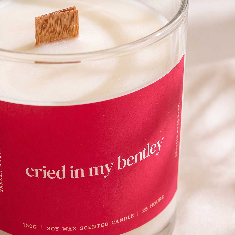 Cried in my Bentley 4 Close-Up of Cried in My Bentley Candle Label by Studio Kinza – Luxury Scented Candle Dubai