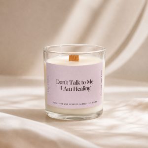 Studio Kinza Don't Talk To Me I Am Healing sandalwood soy candle in glass jar