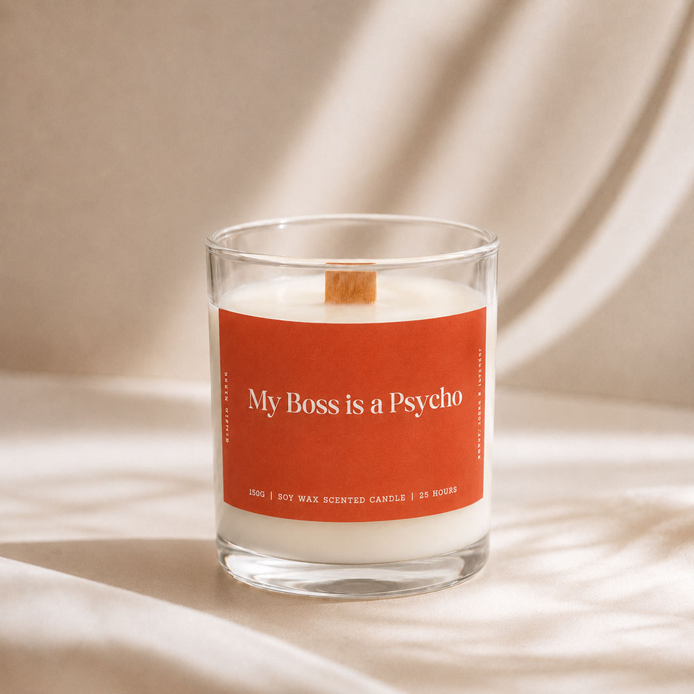 Studio Kinza My Boss Is A Psycho lavender and amber soy candle in glass jar