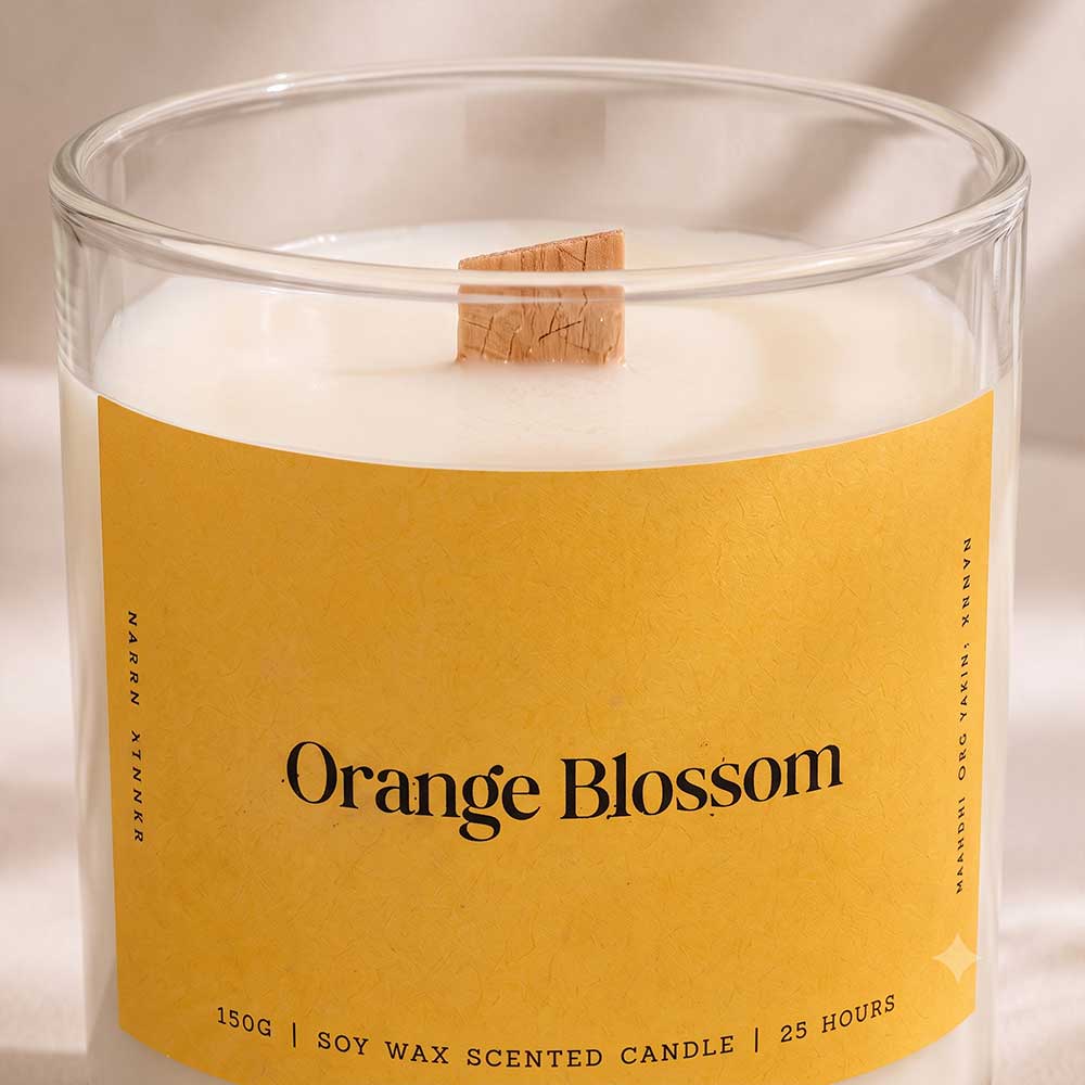 Orange Blossom candle label closeup by Studio Kinza Dubai