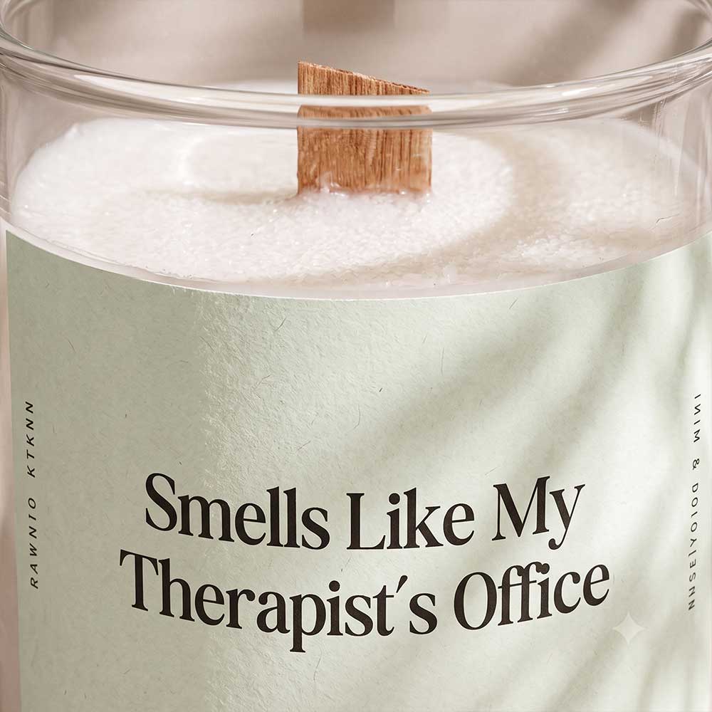 Smells Like My Therapist's Office candle label closeup by Studio Kinza Dubai