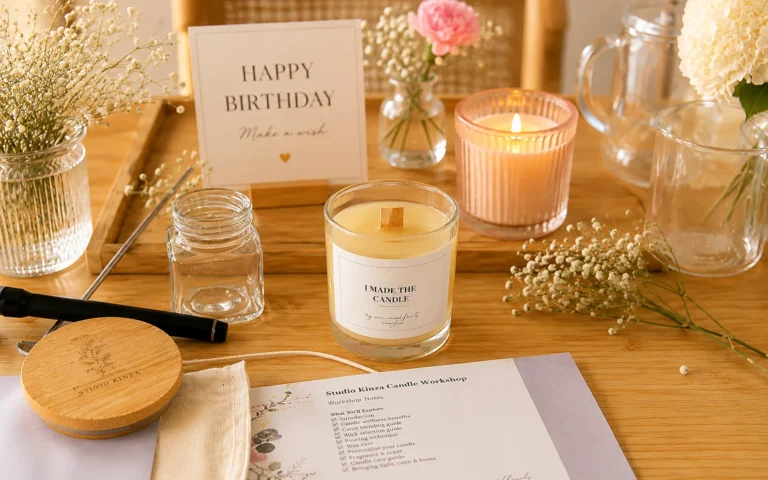 Luxury candle-making setup for a creative birthday celebration at Studio Kinza in Dubai, featuring handcrafted soy candles, premium materials and elegant décor.