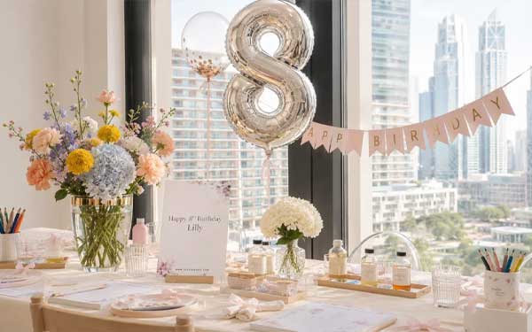 Creative birthday party setup for children enjoying a screen-free candle-making workshop at Studio Kinza in Dubai.