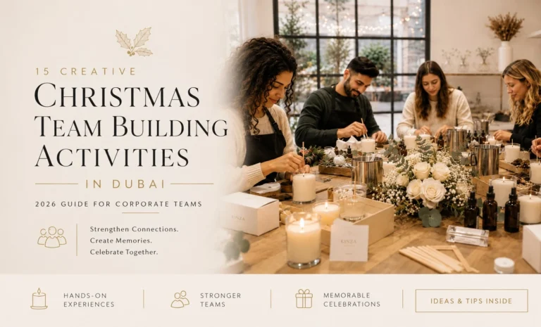 Preview image of employees enjoying a Christmas candle-making workshop during a festive corporate team-building event in Dubai with holiday decorations and creative activities.