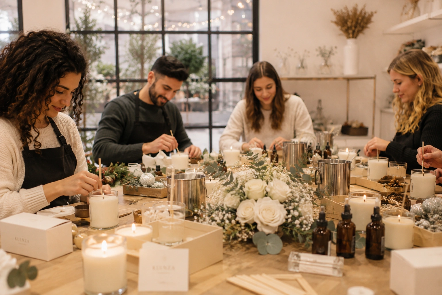 Employees participating in a festive Christmas candle-making workshop during a corporate team-building event in Dubai, surrounded by holiday decorations and warm seasonal lighting.