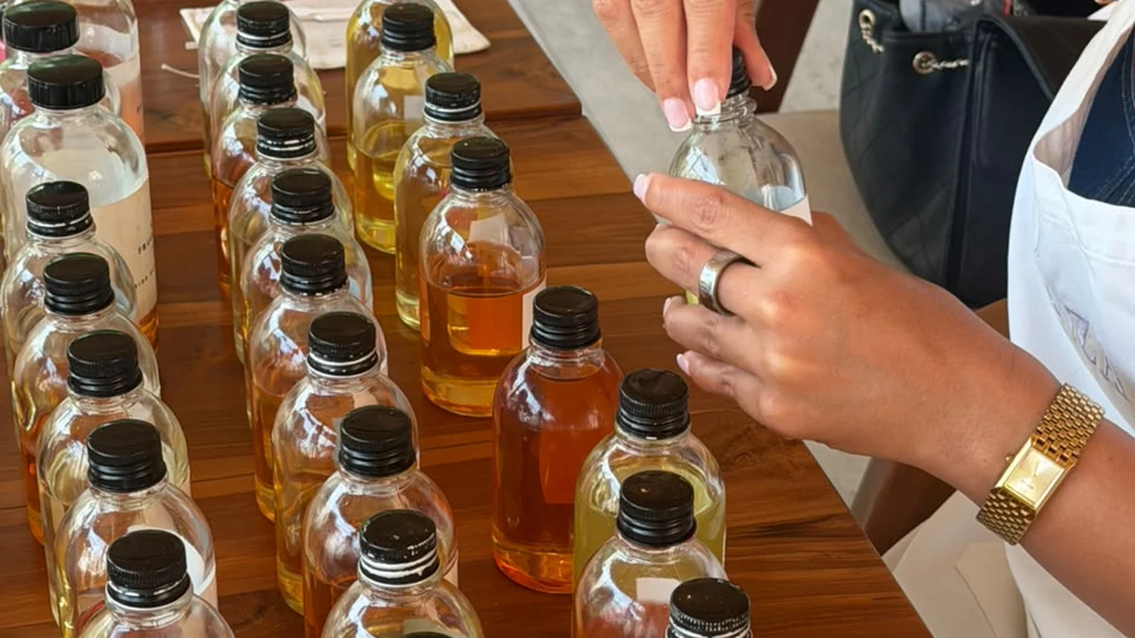Fragrance selection at a candle making workshop in Dubai
