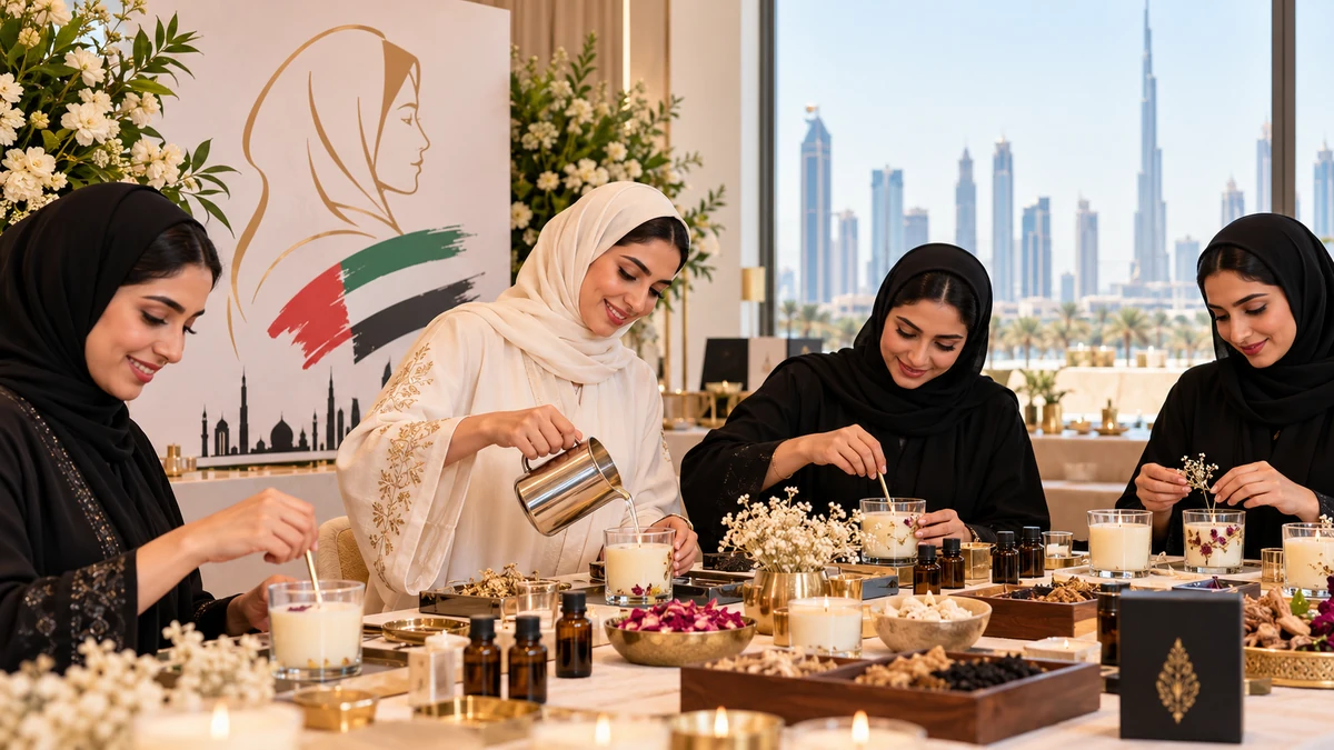 Finished artisanal soy candles with personalized bilingual labels on an event display table for an Emirati Women’s Day corporate event.