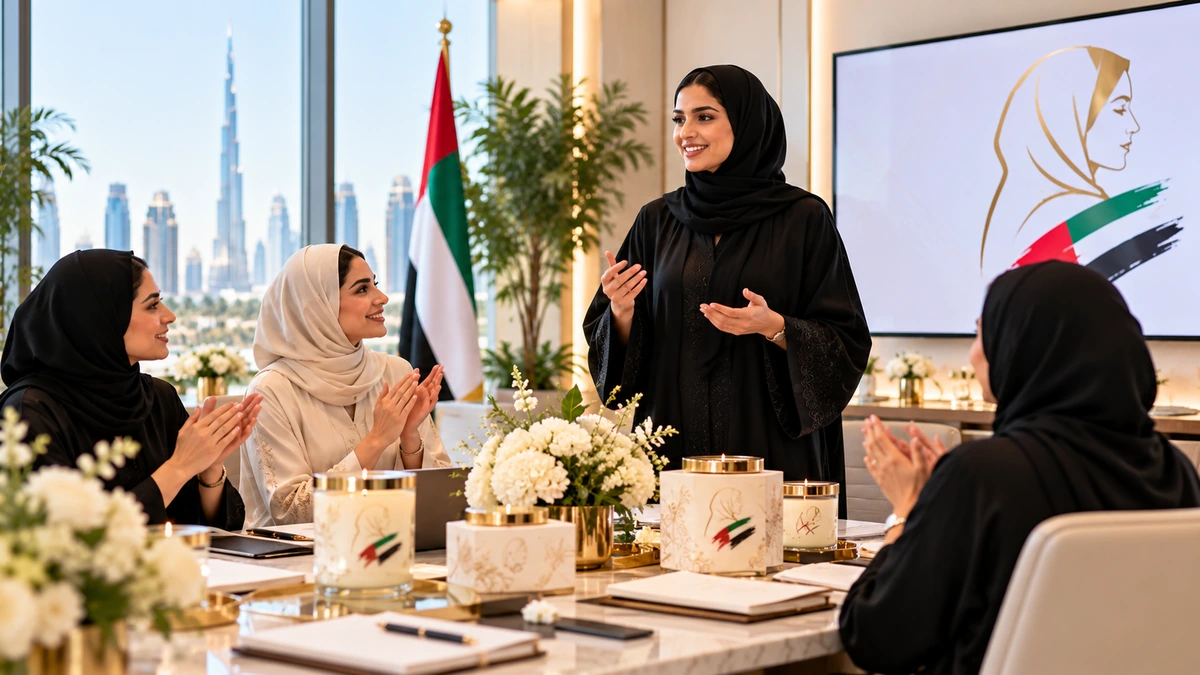 Artisanal soy candles with customized corporate appreciation cards on a meeting table in Dubai.