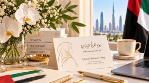 Elegant corporate greeting card featuring bilingual Arabic and English appreciation messages for Emirati Women’s Day beside a soy candle.