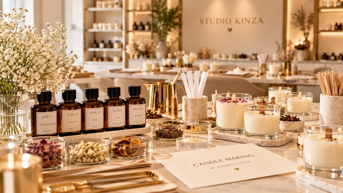 Perfumer workspace with amber glass bottles, scent testing strips, and botanical oils in Dubai.