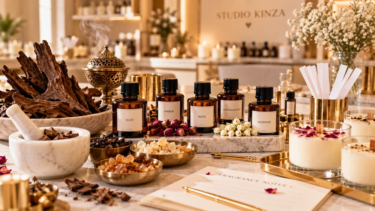 Raw agarwood chips, traditional incense burner, and perfume oils representing traditional Emirati fragrance terms in Dubai.