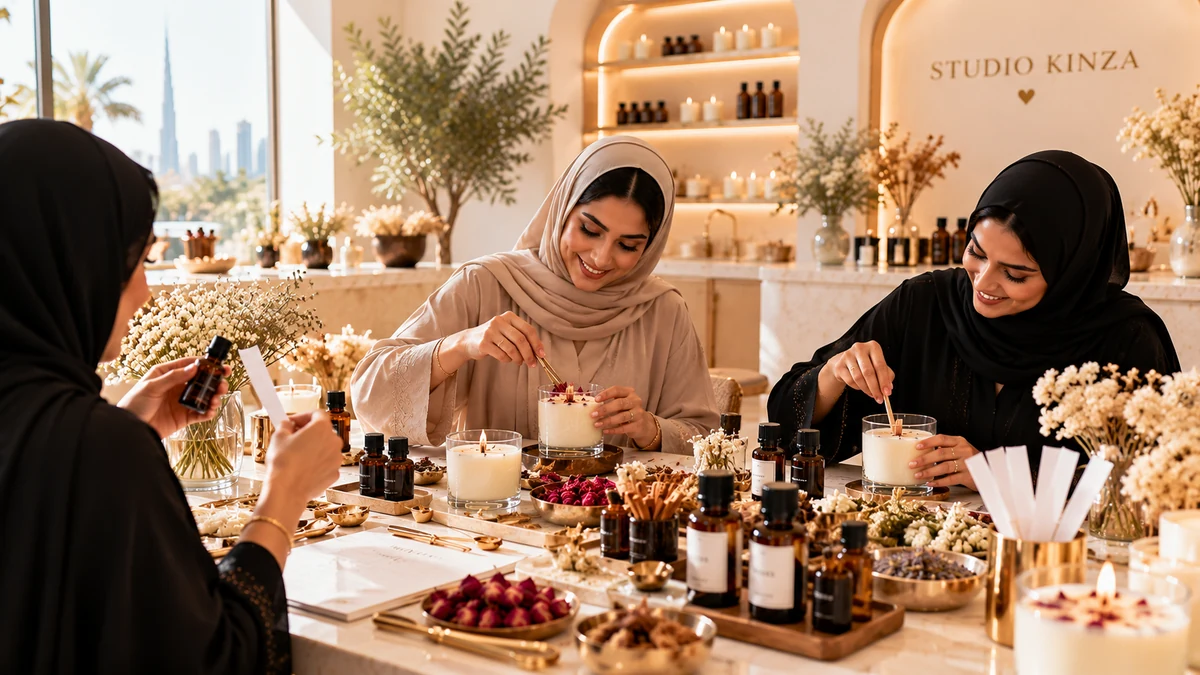 Artisan blending essential fragrance oils into melted soy wax during a candle making workshop in Dubai.
